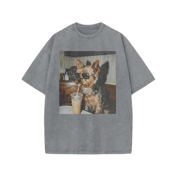 Vintage Dog Coffee Graphic Print Acid Washed T-shirt - Grey - US20-22(3XL) - image 4