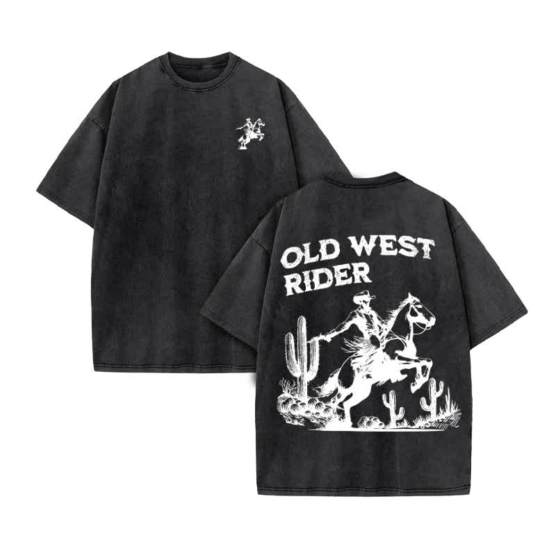 Unisex Old West Rider Print Acid Washed T-shirt - Black - US20-22(3XL) - image 3