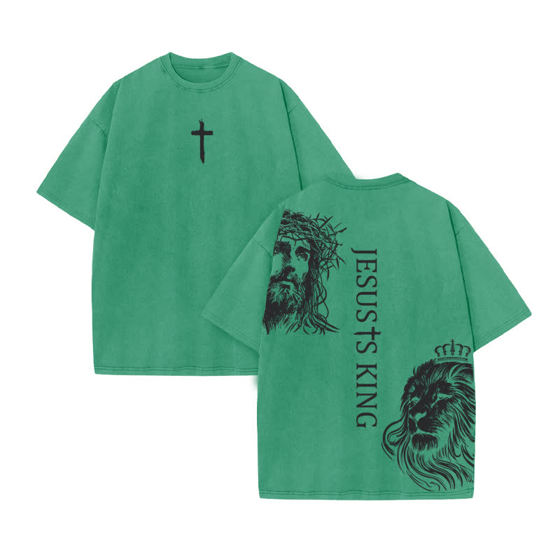 Unisex 100% Cotton Jesus Is King Print Acid Washed T-shirt - Green - US20-22(3XL) - image 7