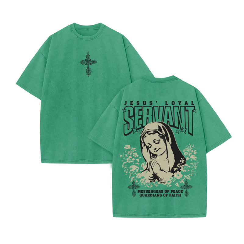Unisex 100% Cotton Jesus Loyal Servant Print Acid Washed T-shirt - Green - US20-22(3XL) - image 7