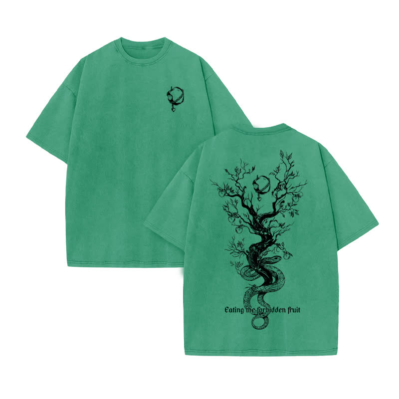 Unisex 100% Cotton Eating The Forbidden Fruit Print Acid Washed T-shirt - Green - US20-22(3XL) - image 7
