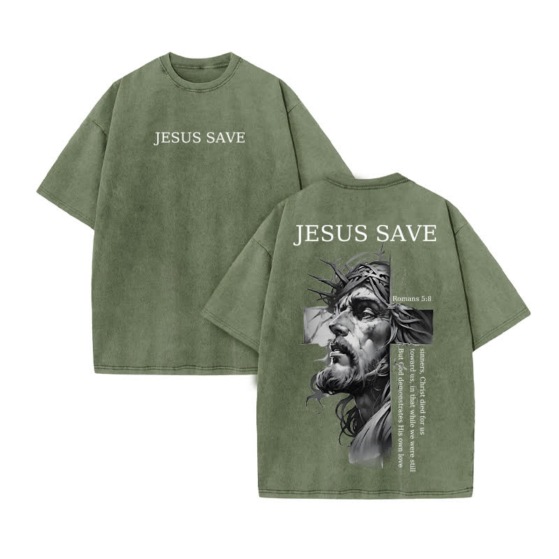 Unisex 100% Cotton Jesus Save Print Acid Washed T-shirt - Army Green - US20-22(3XL) - image 6