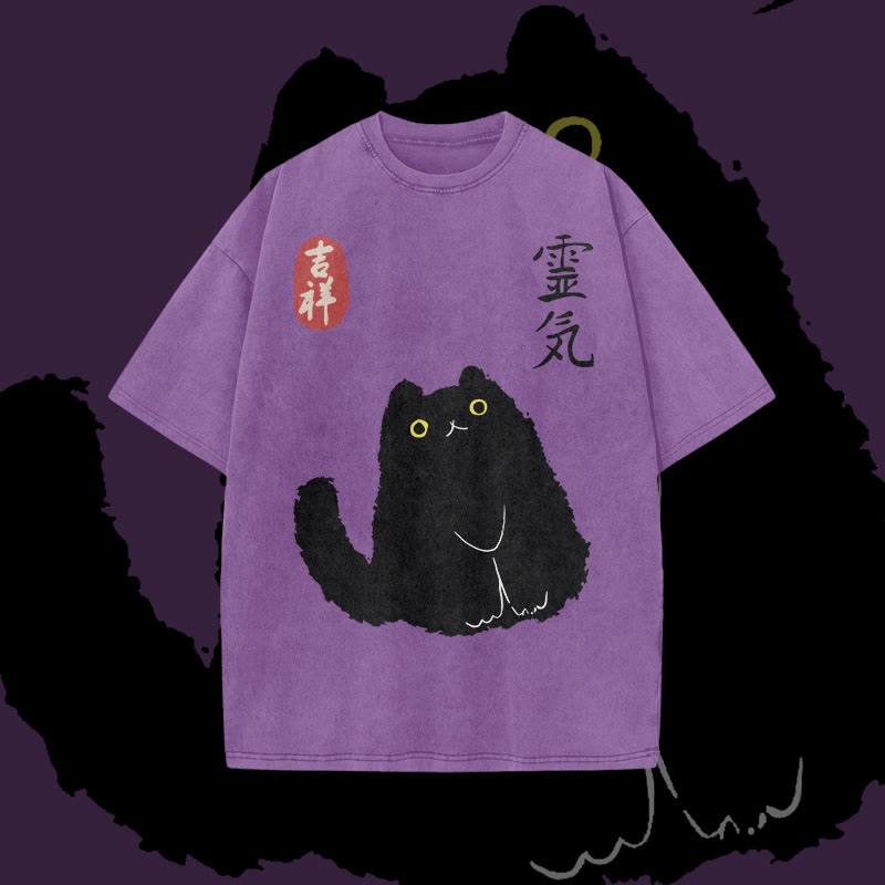 Unisex 100% Cotton Lucky Cat Japanese Print Acid Washed T-shirt