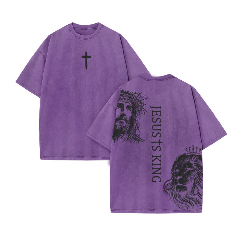 Unisex 100% Cotton Jesus Is King Print Acid Washed T-shirt - Purple - US20-22(3XL) - image 9