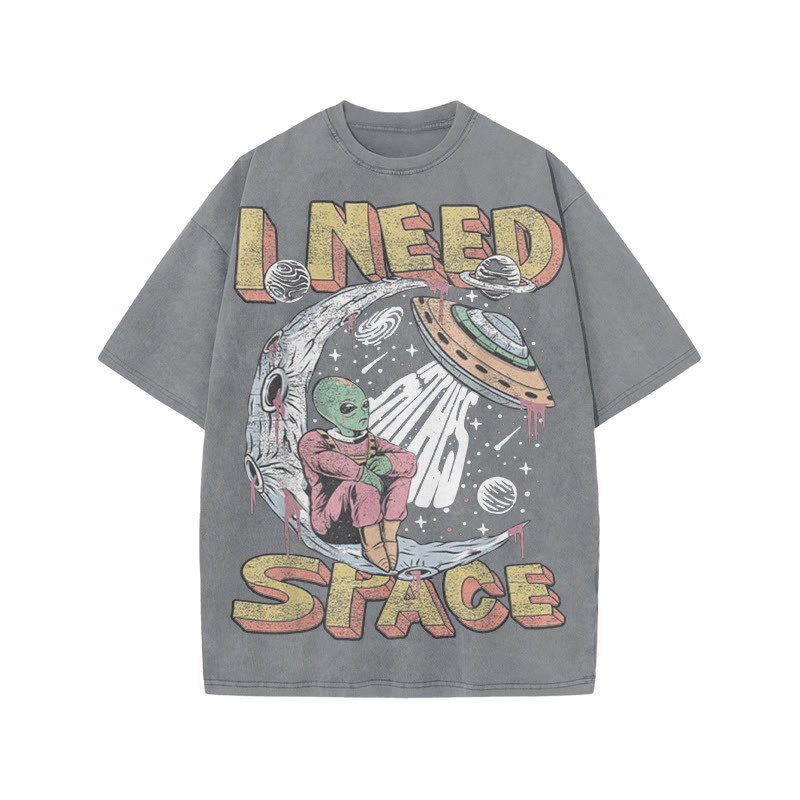 Unisex 100% Cotton I Need Space Creative Print Acid Washed T-shirt - Grey - US20-22(3XL) - image 3