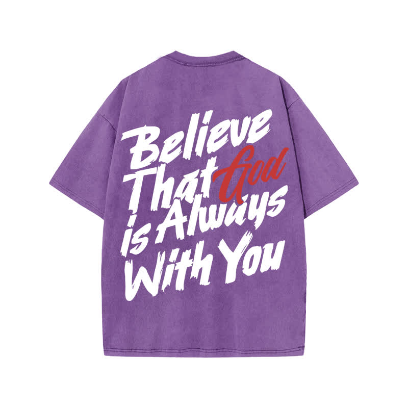 Unisex 100% Cotton Believe That God Is Always With You Print Acid Washed T-shirt - Purple - US20-22(3XL) - image 9