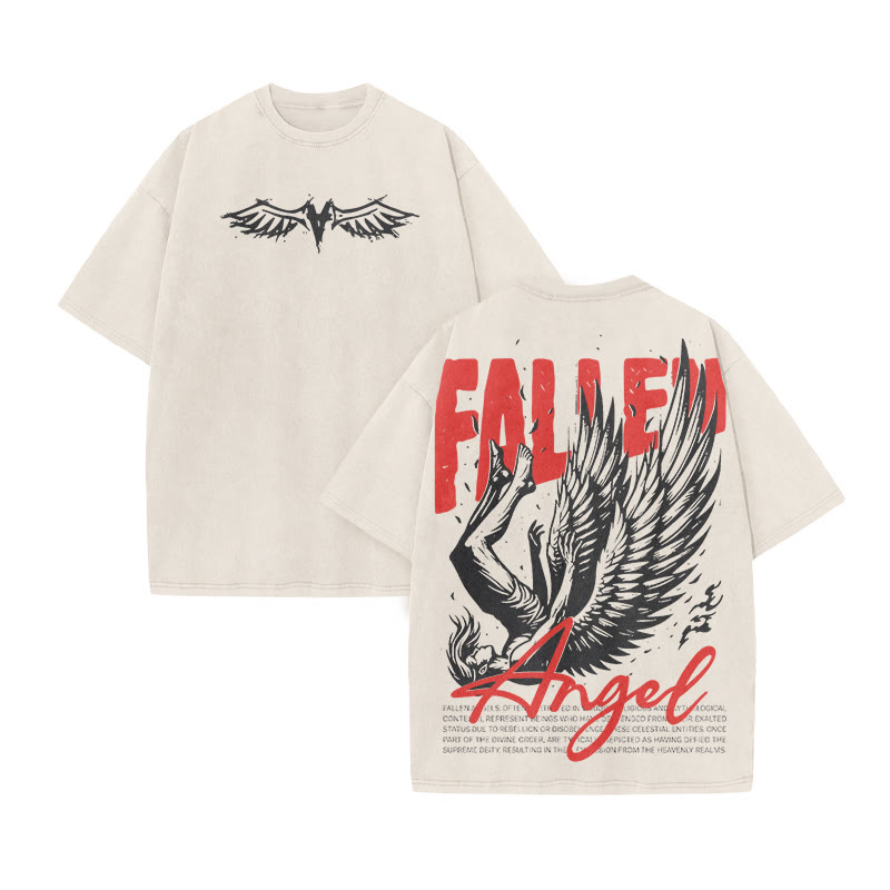 Fallen Angel Print Acid Washed T-shirt - Beige - US20-22(3XL) - image 4