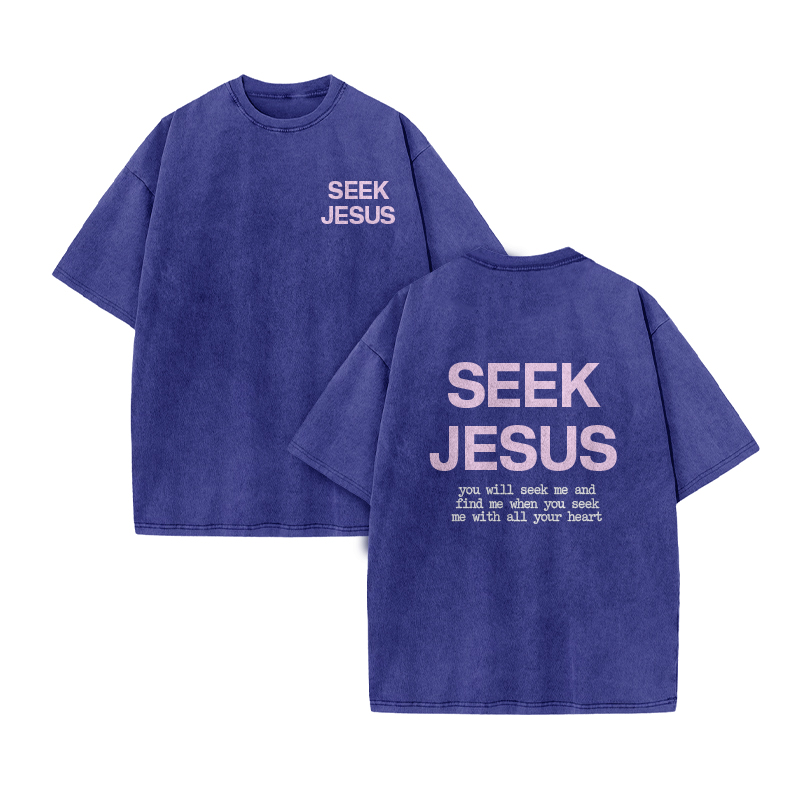 You Will Seek Me And Find Me When You Seek Me With All Your Heart Print Acid Washed T-shirt - Blue - US20-22(3XL) - image 9