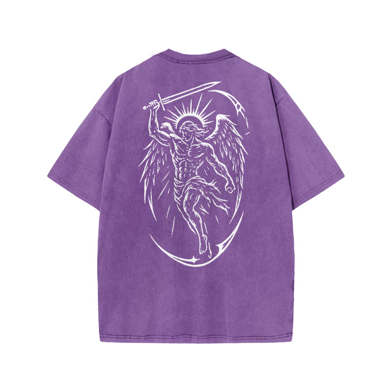 Unisex The Archangel Print Acid Washed T-shirt - Purple - US20-22(3XL) - image 6