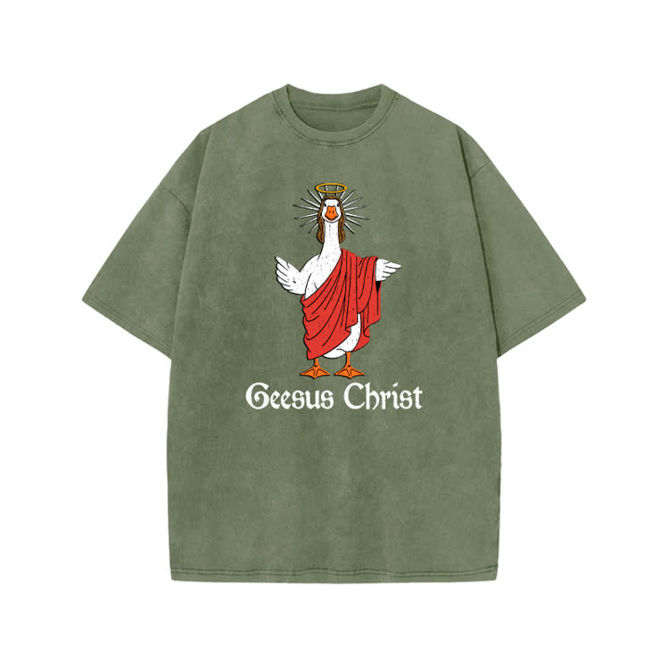 Geesus Christ Graphic Print Acid Washed T-shirt - Army Green - US20-22(3XL) - image 5