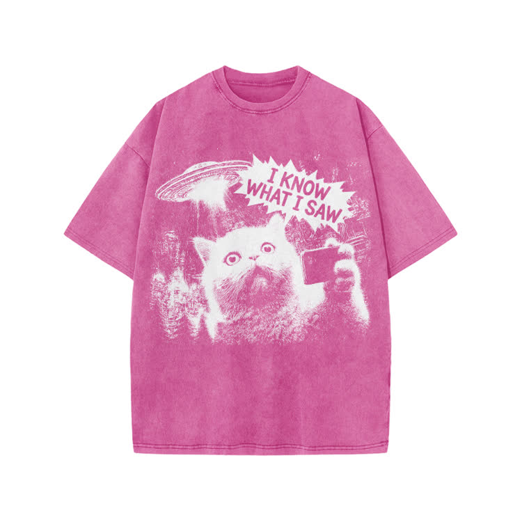 Sci Fi UFO Cat Graphic Washed T-Shirt - Pink - US20-22(3XL) - image 9