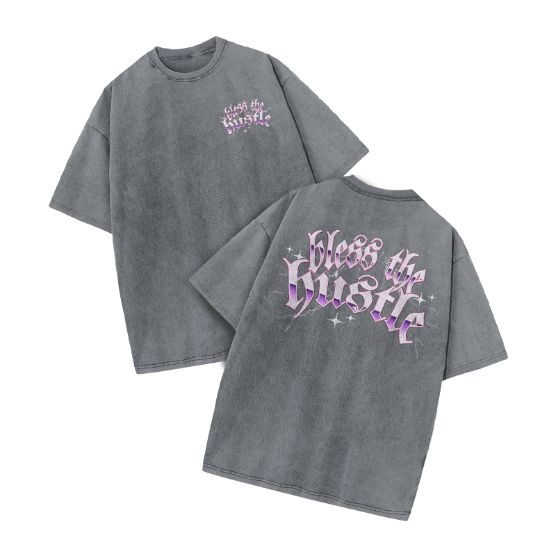 Bless The Hustle Print Acid Washed T-shirt - Grey - US20-22(3XL) - image 5