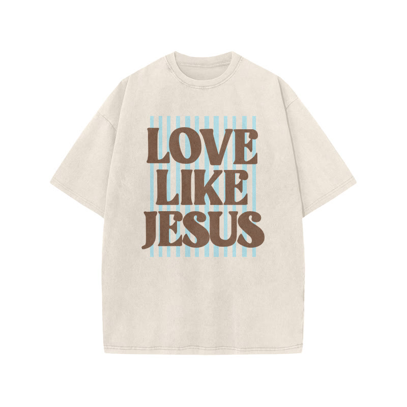 Unisex 100% Cotton Love Like Jesus print Acid Washed T-shirt - Beige - US20-22(3XL) - image 5