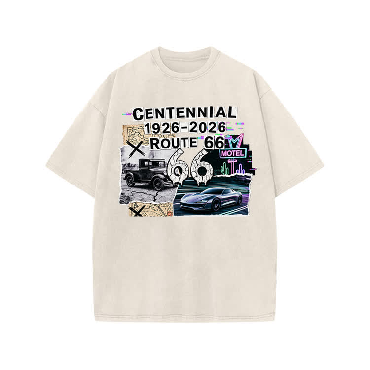 Route 66 Centennial Vintage Graphic Print Acid Washed T-shirt - Beige - US20-22(3XL) - image 3