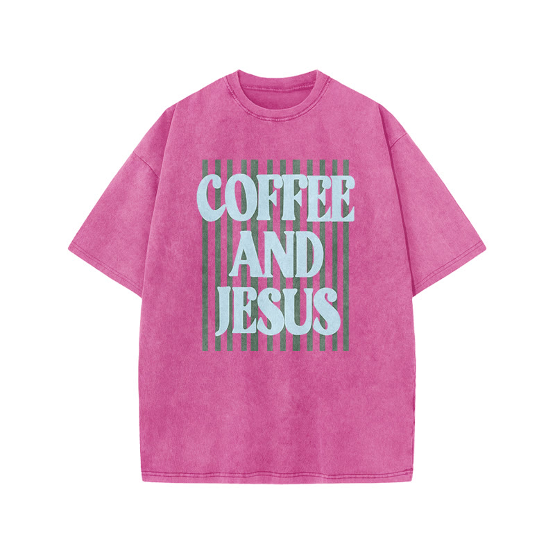 Unisex 100% Cotton Coffee And Jesus Print Acid Washed T-shirt - Pink - US20-22(3XL) - image 9
