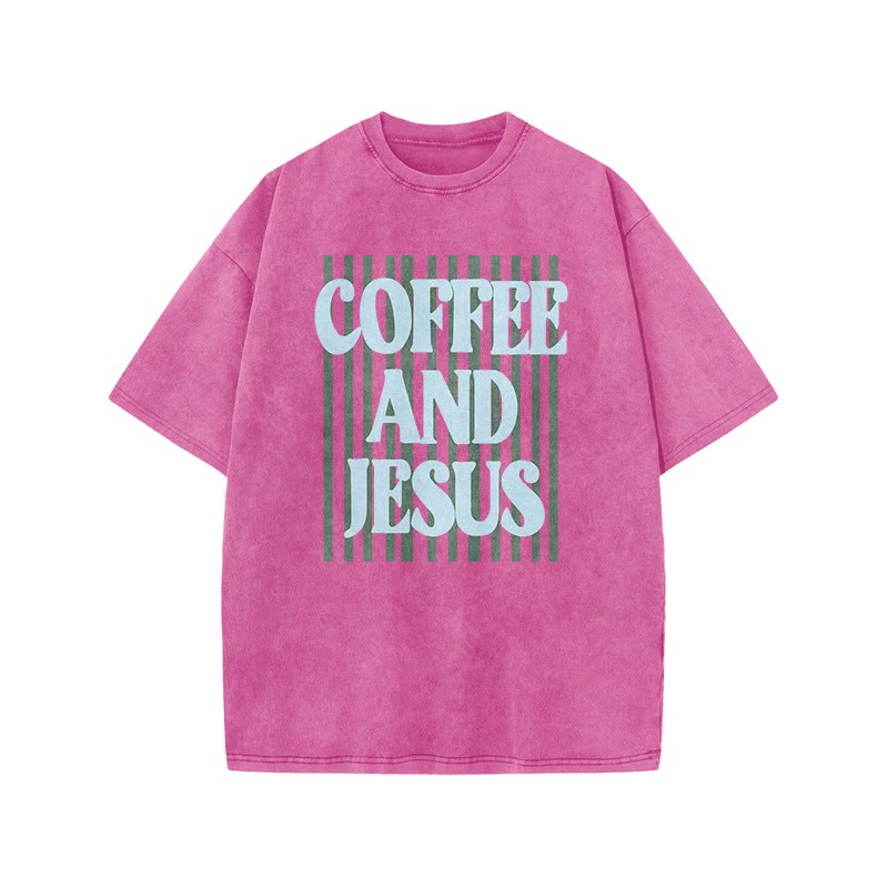Unisex 100% Cotton Coffee And Jesus Print Acid Washed T-shirt - Pink - US20-22(3XL) - image 9