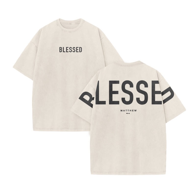 Blessed Matthew 5:3-12 Print Acid Washed T-shirt - Beige - US20-22(3XL) - image 3