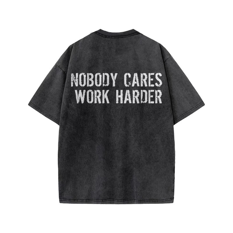 100% Cotton Nobody Cares Work Harder Gym Print Acid Washed T-shirt - image 4