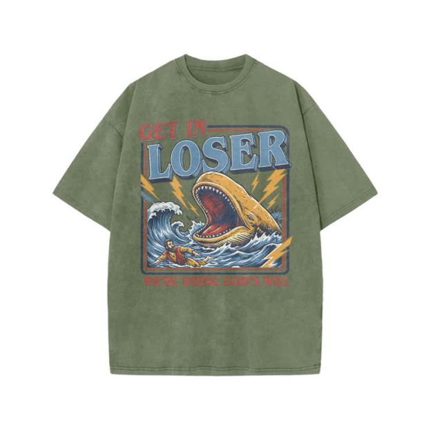 Street Retro Get In Loser Graphic Print Acid Washed T-shirt - Army Green - US20-22(3XL) - image 5