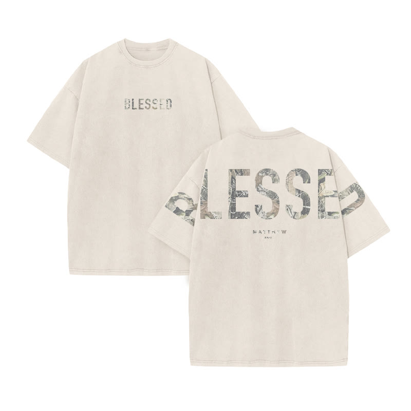 Blessed Matthew 5:3-12 Dead Leaves Camouflage Print Acid Washed T-shirt - Beige - US20-22(3XL) - image 3
