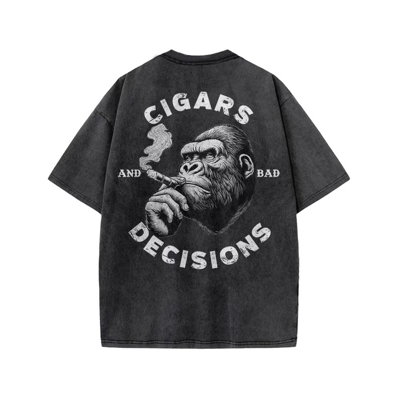 Gym 100% Cotton CIGARS DECISIONS Print Acid Washed T-shirt - image 3