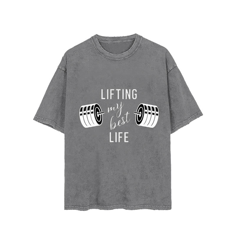 100% Cotton Lifting My Best Life Vintage Printed Washed Gym T-shirt - Grey - 2XL - image 4