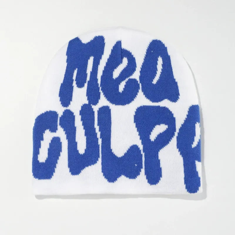 Mea Culpa Pattern Knit Hat - White Blue - one size - image 4