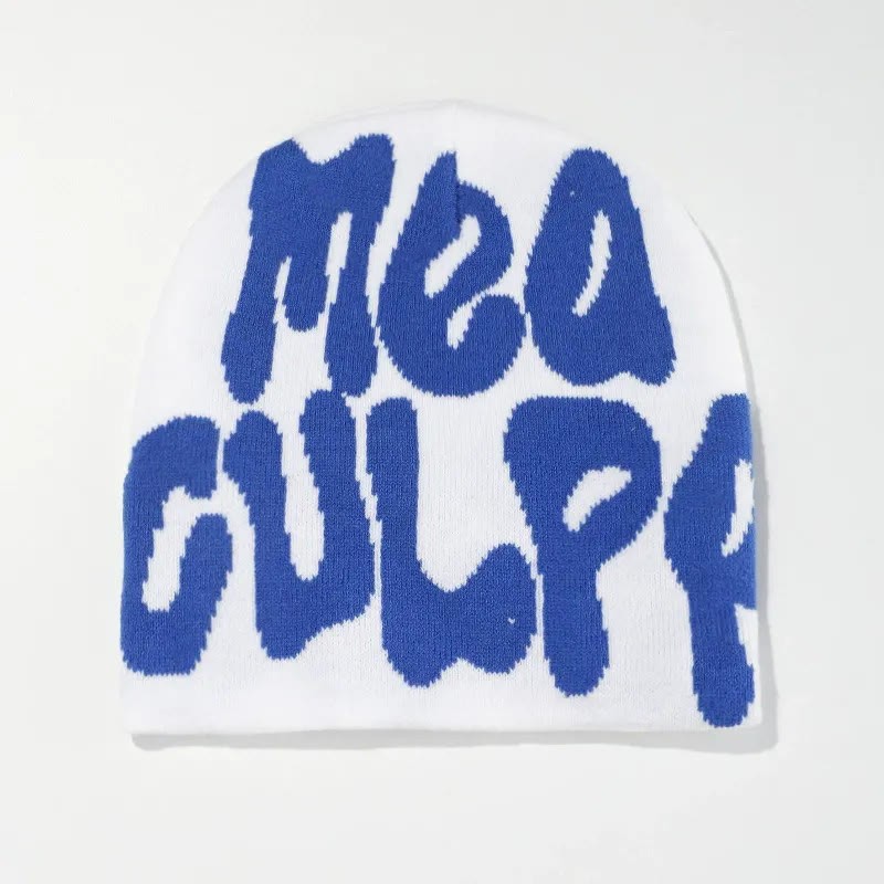 Mea Culpa Pattern Knit Hat - White Blue - one size - image 4