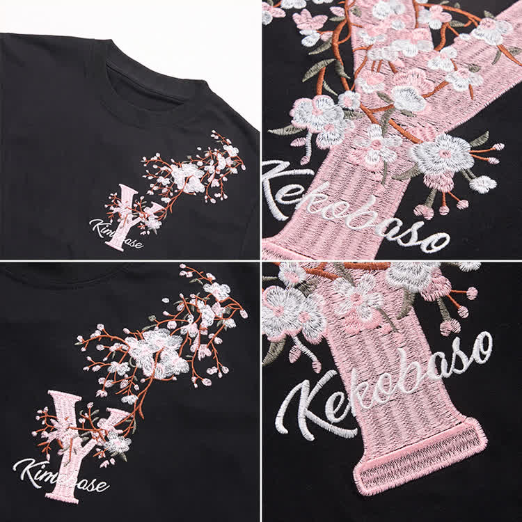 Casual Embroidered Letters Sakura Graphic Round Neck T-Shirt - image 13