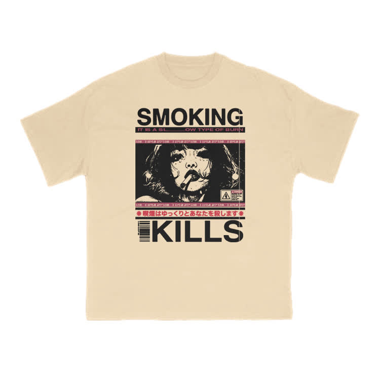 Smoking Kills Retro Manga Style Graphic Print T-Shirt - Apricot - US16-18(2XL) - image 13