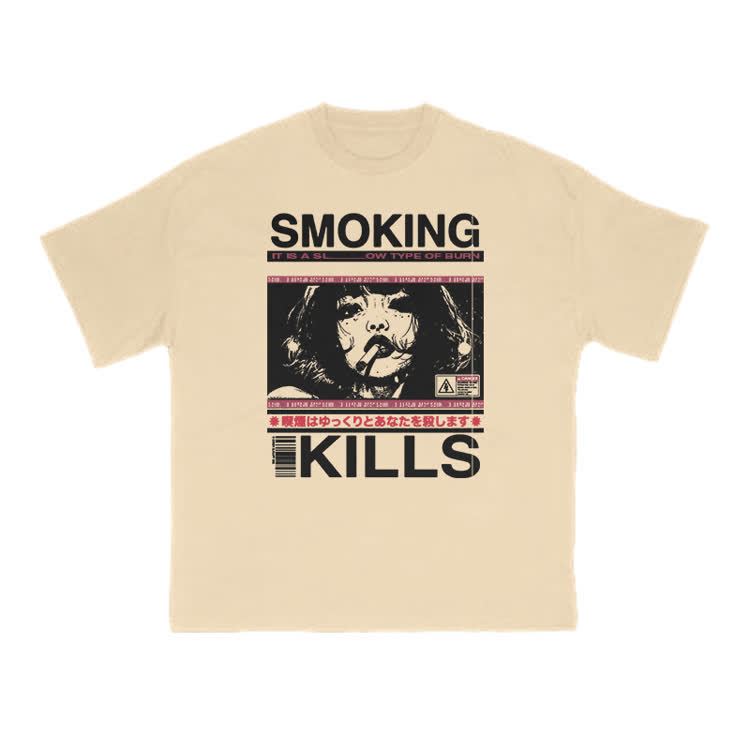 Smoking Kills Retro Manga Style Graphic Print T-Shirt - Apricot - US16-18(2XL) - image 13