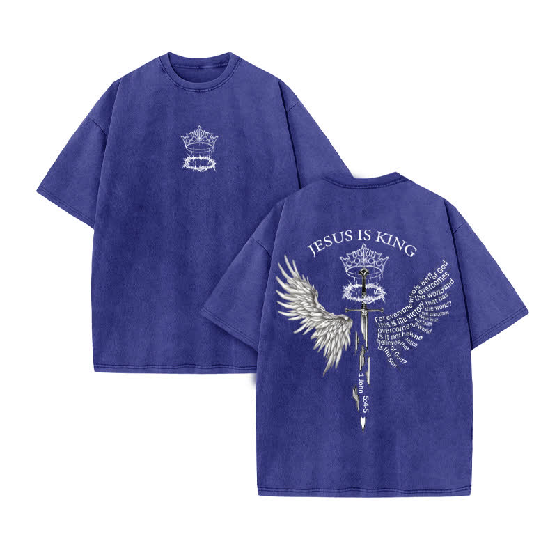 Unisex 100% Cotton Jesus Is King Scripture Wings Print Acid Washed T-shirt - Blue - US20-22(3XL) - image 10