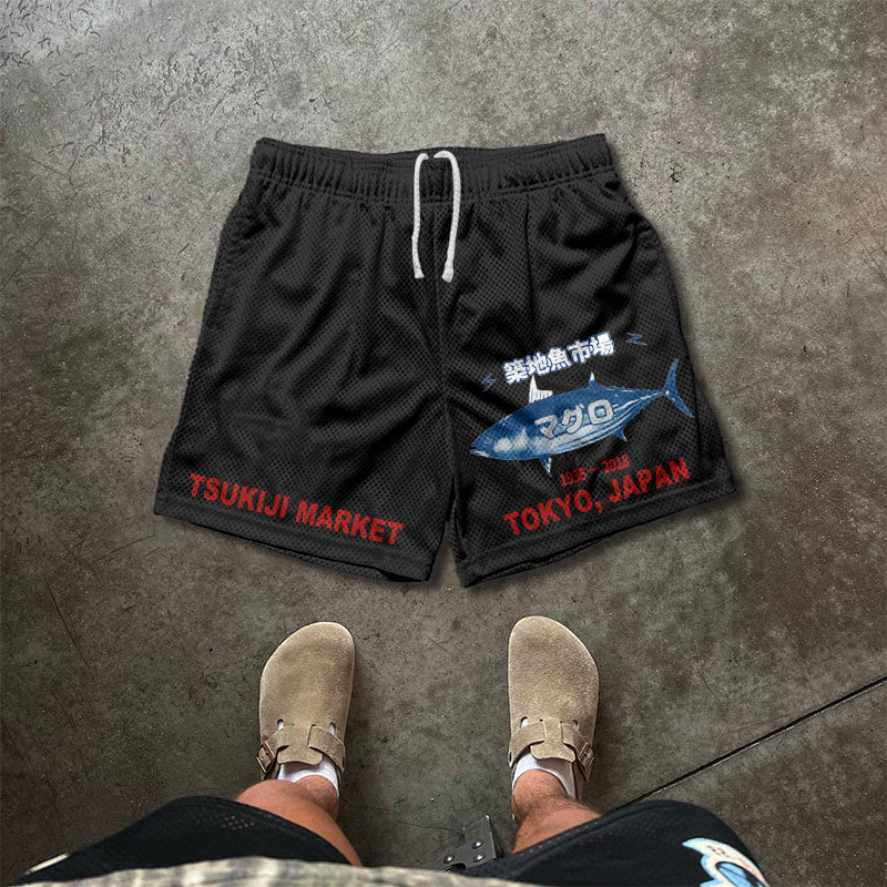 Tsukiji Market Print Causal Mesh Shorts