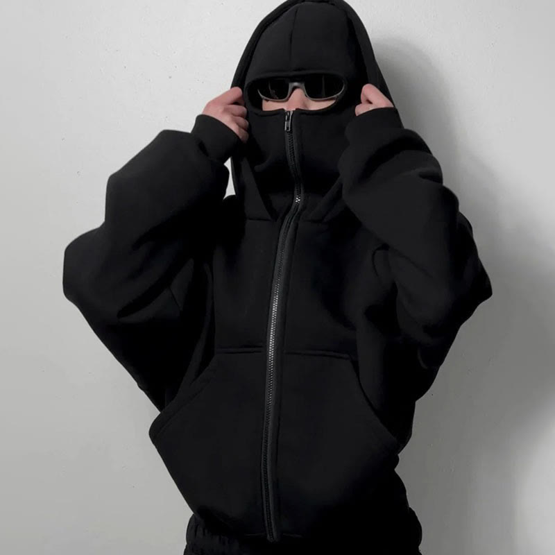 Unisex Solid Color Zipper Double Layer Hat Hoodie - Black - US20-22(3XL) - image 5