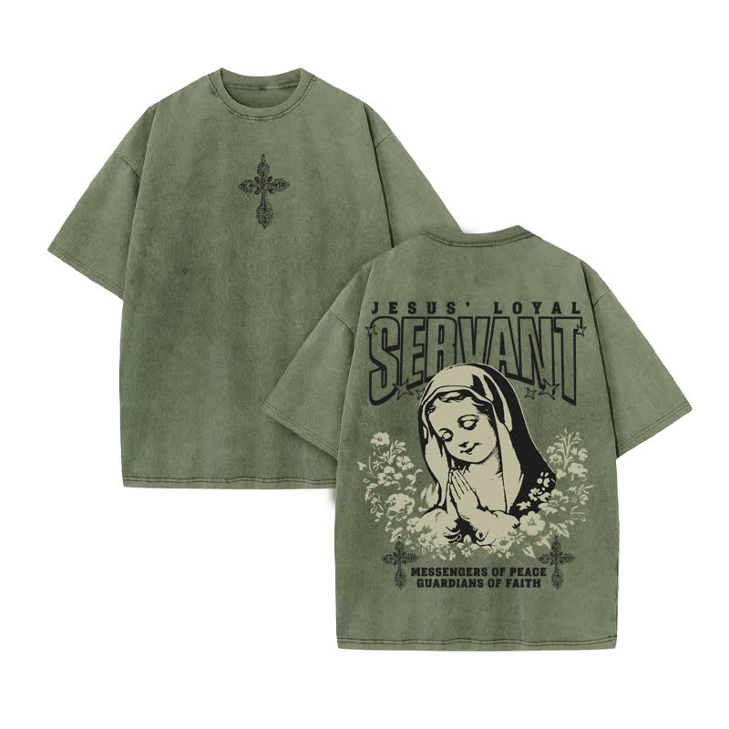 Unisex 100% Cotton Jesus Loyal Servant Print Acid Washed T-shirt - Army Green - US20-22(3XL) - image 6