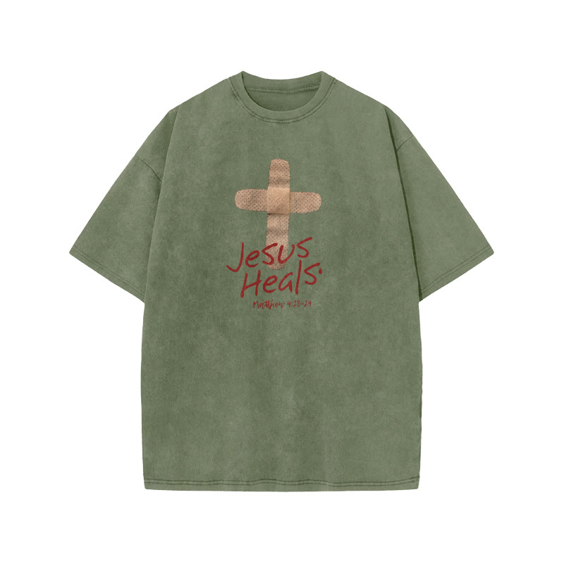 Unisex Cute Jesus Heals Matthew 4:23-24 Print Acid Washed T-shirt - Army Green - US20-22(3XL) - image 8