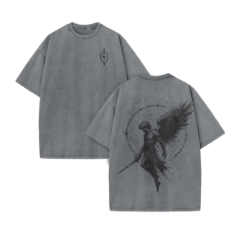 Unisex 100% Cotton Archangel Michael Print Acid Washed T-shirt - Grey - US20-22(3XL) - image 4
