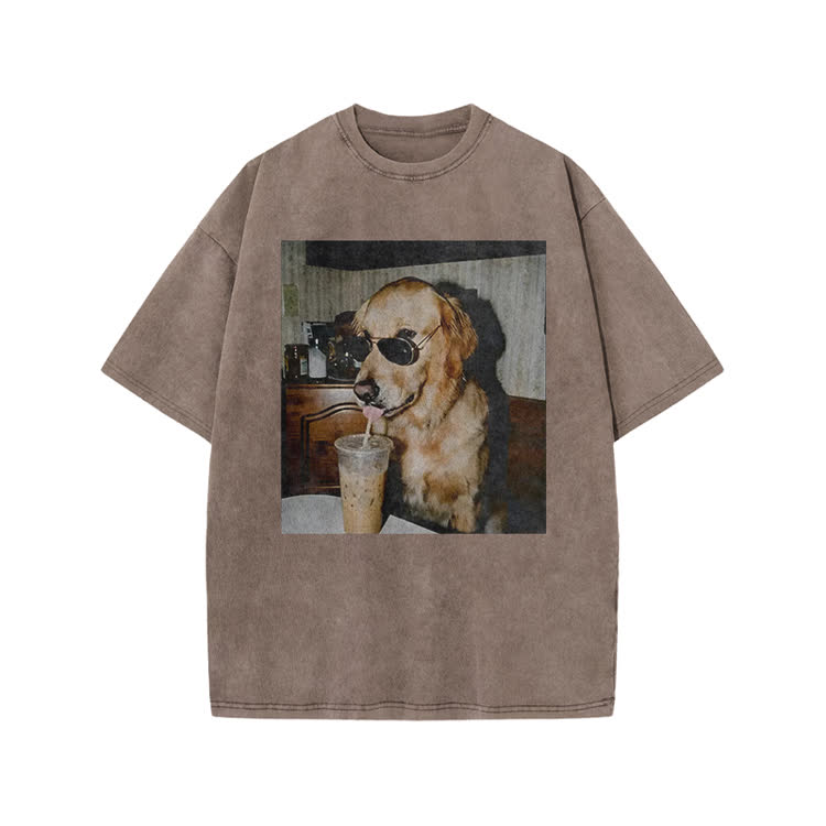Vintage Dog Photo Print Acid Washed T-shirt - Coffee - US20-22(3XL) - image 4