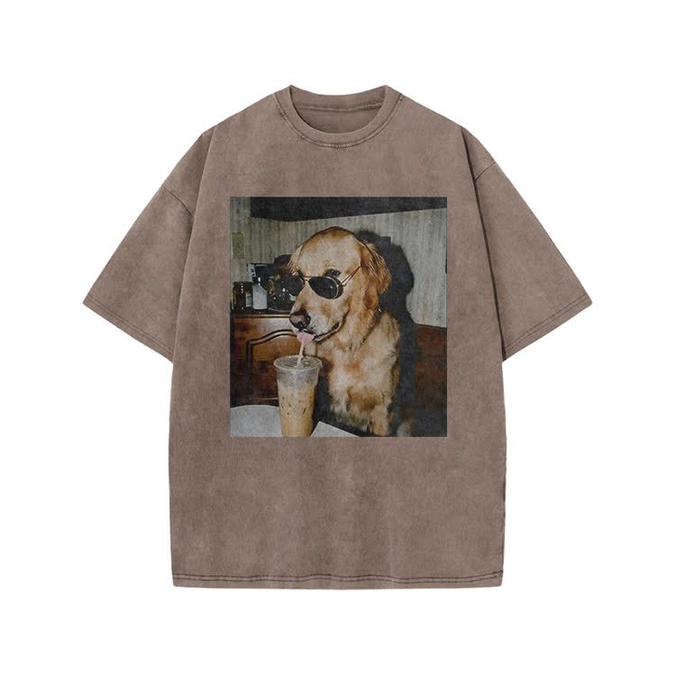 Vintage Dog Photo Print Acid Washed T-shirt - Coffee - US20-22(3XL) - image 4