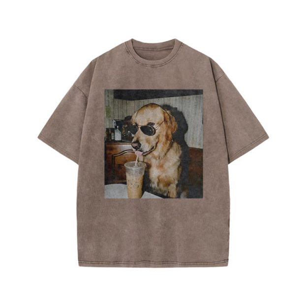 Vintage Dog Photo Print Acid Washed T-shirt - Coffee - US20-22(3XL) - image 4