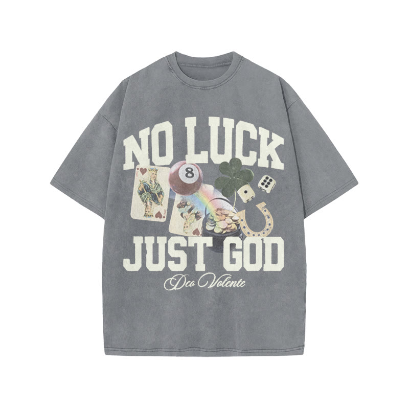 No Luck Just God Print Acid Washed T-shirt - Grey - US20-22(3XL) - image 4