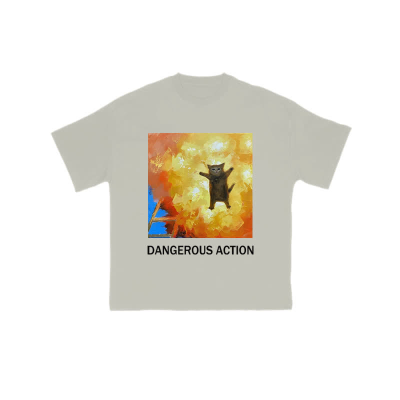 Unisex 100% Cotton Dangerous Action Cat Art Print T-shirt - Warm Grey - US16-18(2XL) - image 4