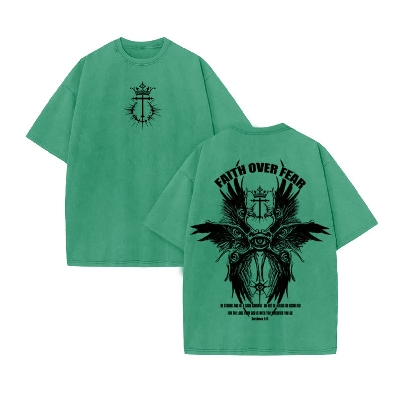 Unisex 100% Cotton Faith Over Fear Seraphim Print Acid Washed T-shirt - Green - US20-22(3XL) - image 7
