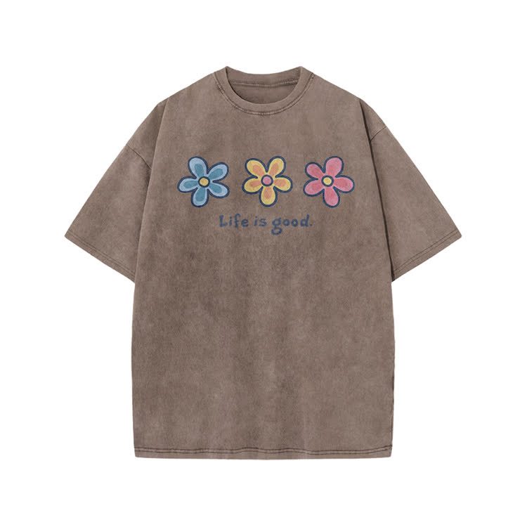 Sunny Bloom Life Is Good Print Acid Washed T-shirt - Coffee - US20-22(3XL) - image 5