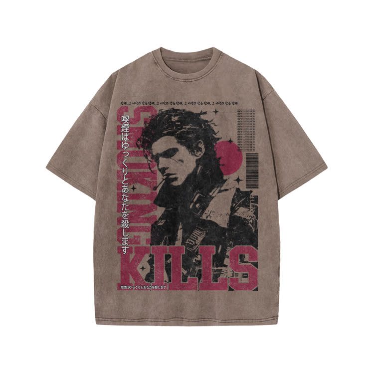 Vintage Smoking Kills Artwork Graphic Print Acid Washed T-Shirt - Coffee - US20-22(3XL) - image 4