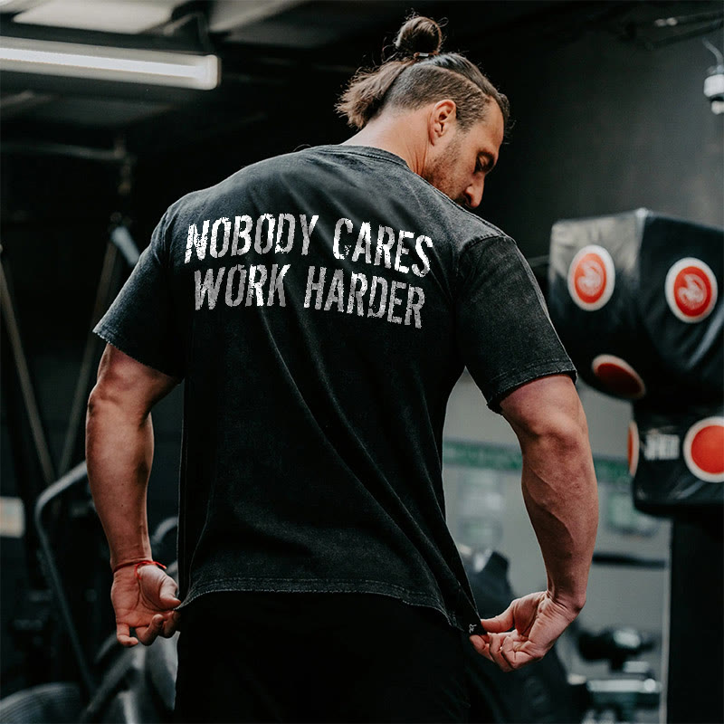 100% Cotton Nobody Cares Work Harder Gym Print Acid Washed T-shirt - image 3