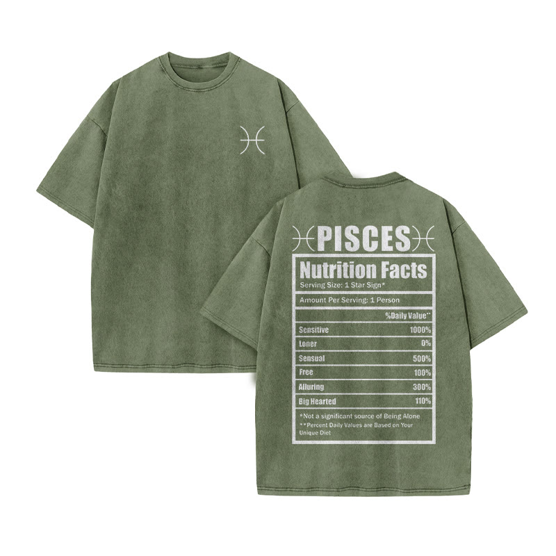 Pisces Nutrition Facts Print Acid Washed T-shirt - Army Green - US20-22(3XL) - image 6