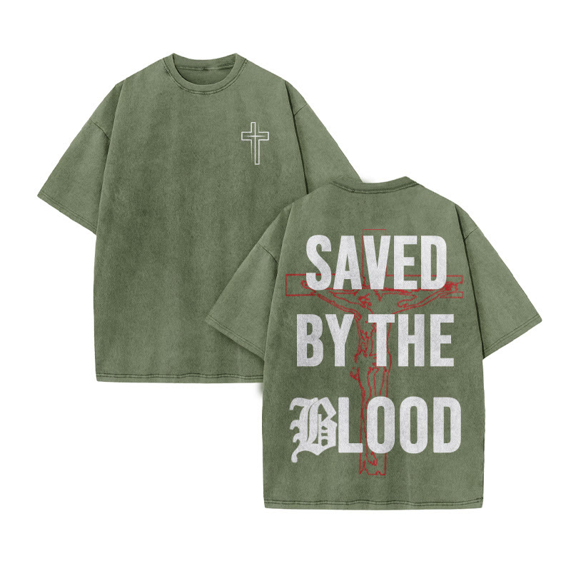 Unisex 100% Cotton Saved By The Blood Cross Print Acid Washed T-shirt