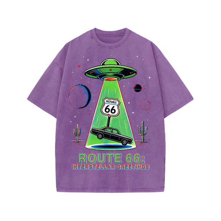 Retro Route 66 Interstellar Greetings Graphic Print Acid Washed T-shirt - Purple - US20-22(3XL) - image 6