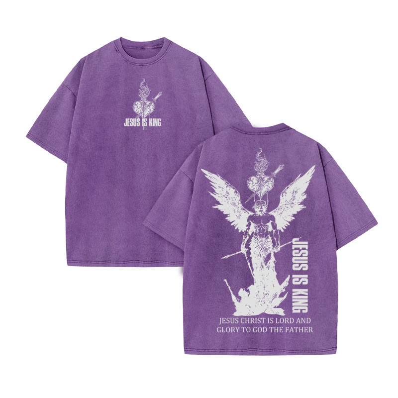 Unisex 100% Cotton JESUS IS KING print Acid Washed T-shirt - Purple - US20-22(3XL) - image 5